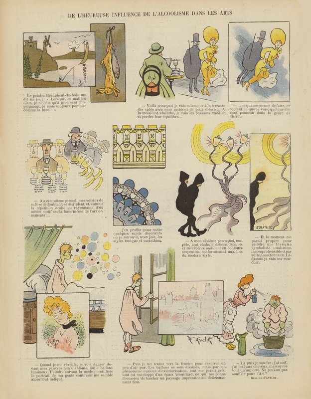 Alkoholismens lykkelige innflytelse på kunsten. Illustrasjon for Le Rire av Henri Avelot