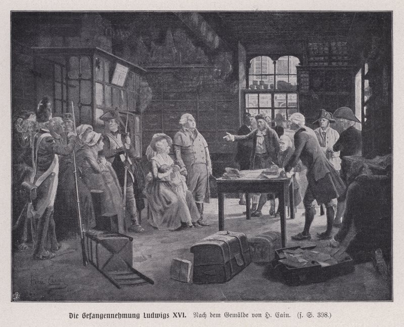 Arrestasjon av kong Louis XVI av Frankrike og hans familie i Varennes mens de prøvde å rømme etter den franske revolusjonen av Henri Cain