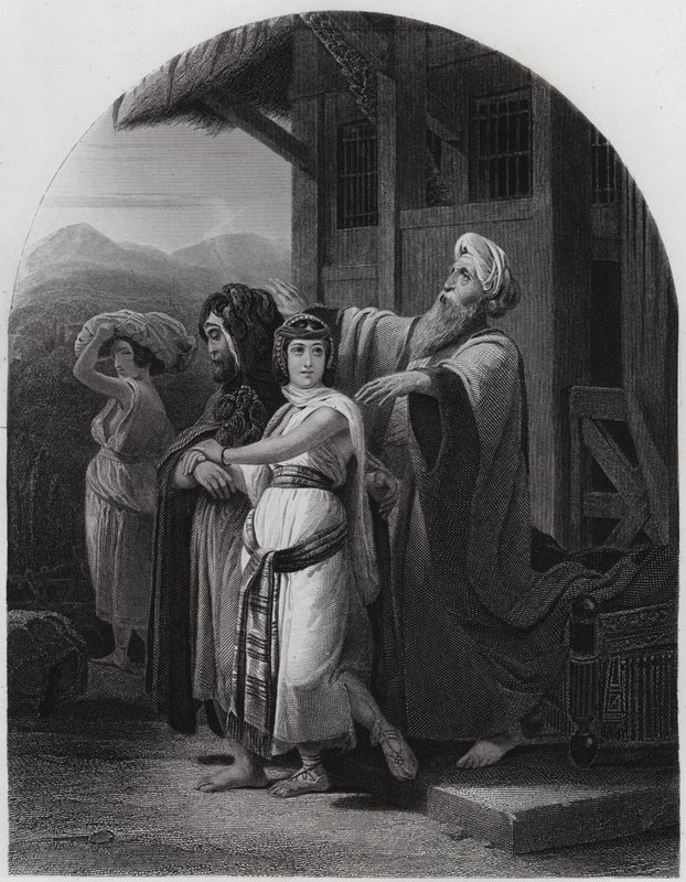 Rebekkas avgang (gravering) av Henri Frederic (after) Schopin
