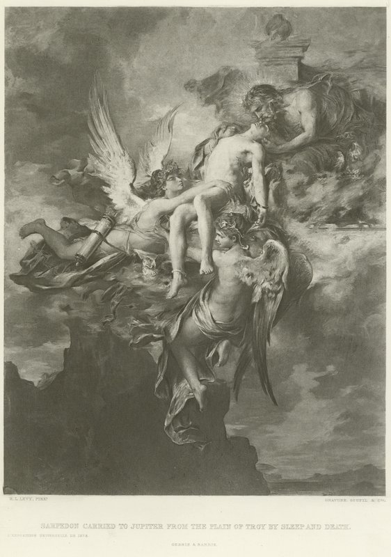 Sarpedon båret til Jupiter fra Troja-sletten ved søvn og død (gravyr) av Henri Leopold Levy