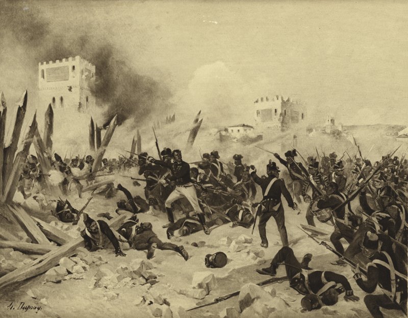 Slaget ved Badajoz, 1812 (gravyr) av Henri Louis Dupray