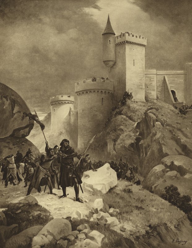 Kong Richard I av England ved beleiringen av Chalus, 1199 (gravyr) av Henri Louis Dupray