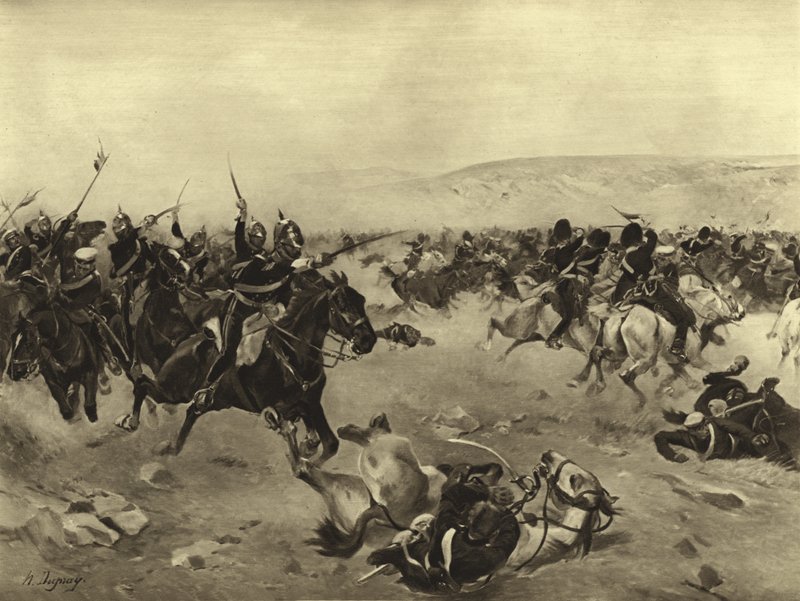 The Charge of the Heavy Brigade, Slaget ved Balaclava, 1854 (gravyr) av Henri Louis Dupray