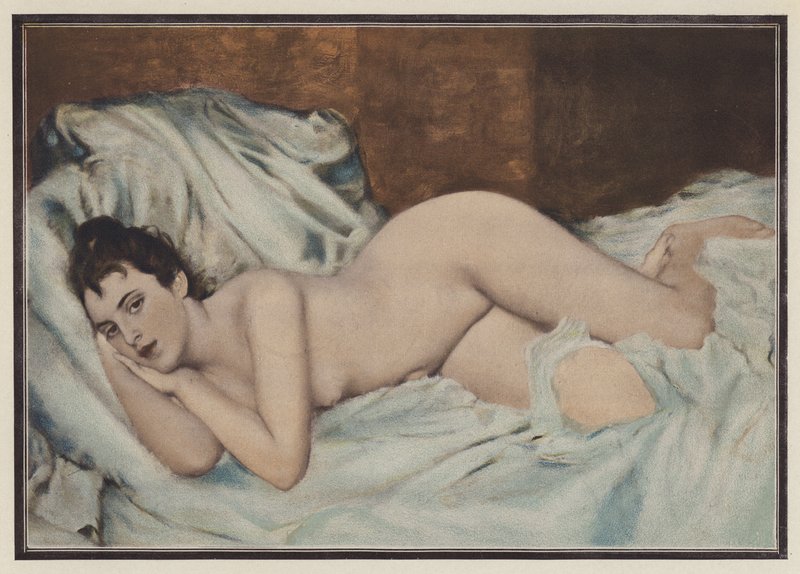 Naken kvinne på en seng (farge litho) av Henri Lucien (after) Doucet