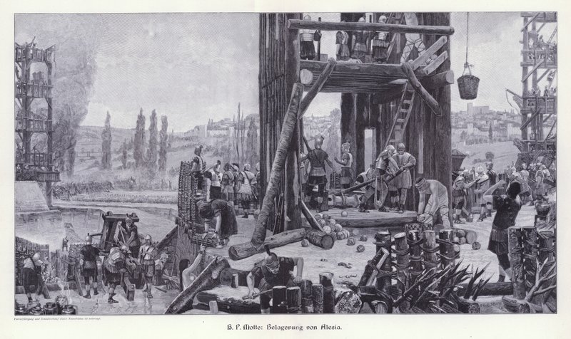 Siege of Alesia, Gallia, 52 f.Kr., illustrasjon fra moderne kunst i mestertresnitt (Richard Bong, Berlin, ca. 1904 (gravering) av Henri Paul (after) Motte