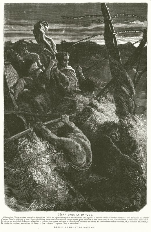 Julius Caesar, forkledd som en slave, avslører identiteten sin til mannskapet på en båt fanget i en storm mens han krysset Adriaterhavet, 48 f.Kr. (gravering) av Henri de (after) Montaut