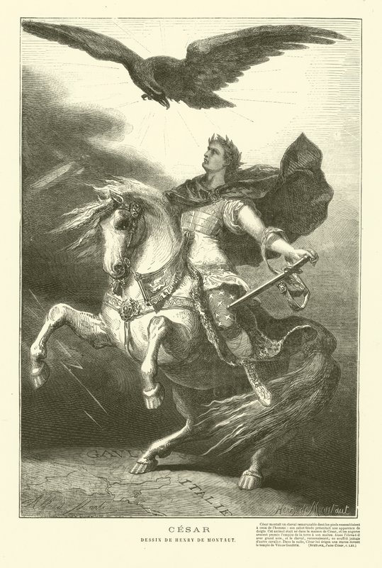 Julius Caesar på hesteryggen med en keiserørn over seg (gravering) av Henri de (after) Montaut