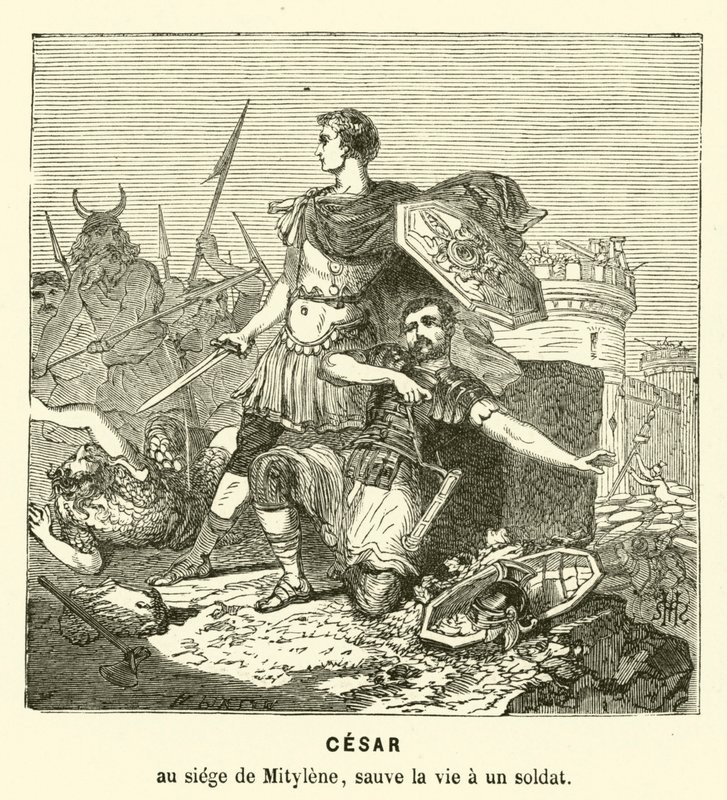 Julius Caesar reddet livet til en soldat ved beleiringen av Mytilene, Lesbos, Hellas, 81 f.Kr. (gravering) av Henri de (after) Montaut
