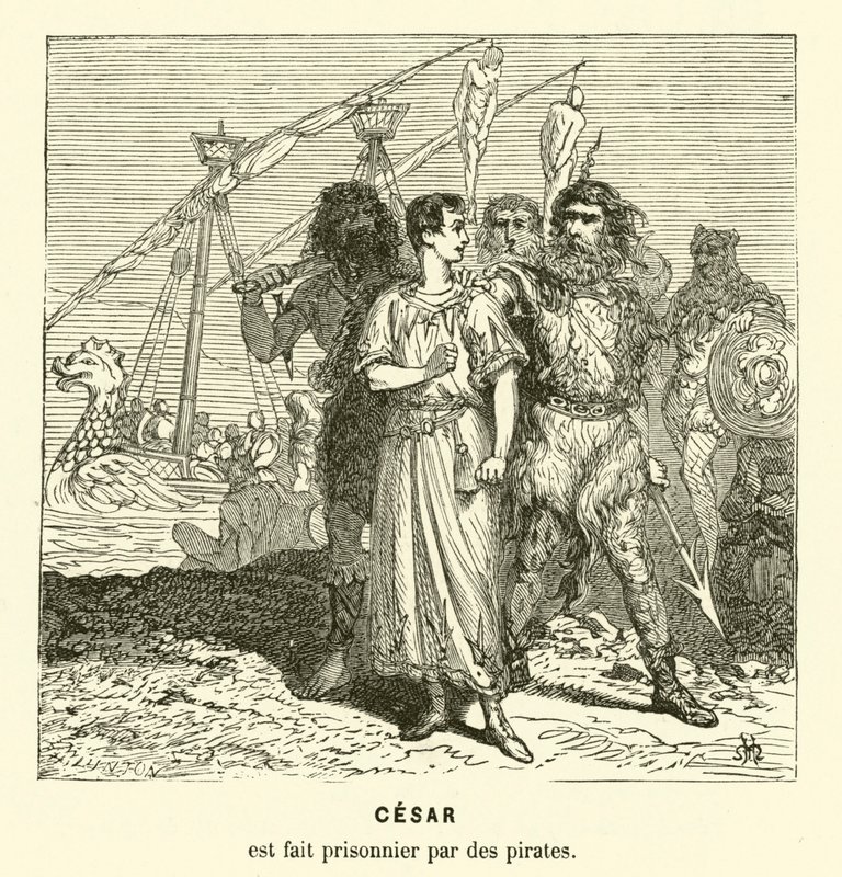 Julius Caesar tatt til fange av kilikiske pirater mens han krysset Egeerhavet, c75 f.Kr. (gravering) av Henri de (after) Montaut