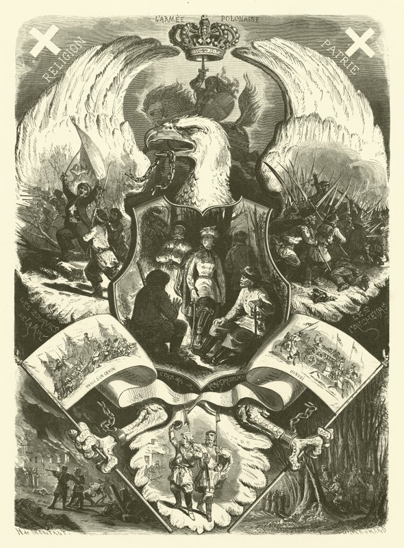 Soldater og uniformer fra den polske hæren under opprøret 1863-1864 mot russisk styre (gravering) av Henri de (after) Montaut