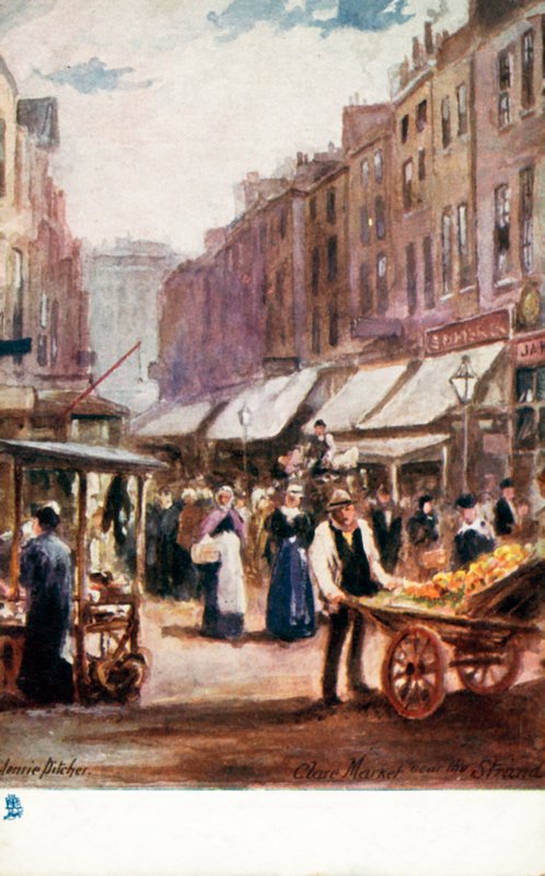 Gamle London: Clare Market, nær Strand (fargelitografi) av Henrie Pitcher