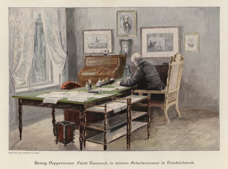 Otto von Bismarck i studiet hans i Friedrichsruh, Tyskland (farget gravering) av Henriette Deppermann
