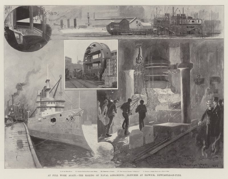 På fullt arbeid igjen, fremstilling av sjøvåpen, skisser ved Elswick, Newcastle-on-Tyne av Henry Charles Seppings Wright
