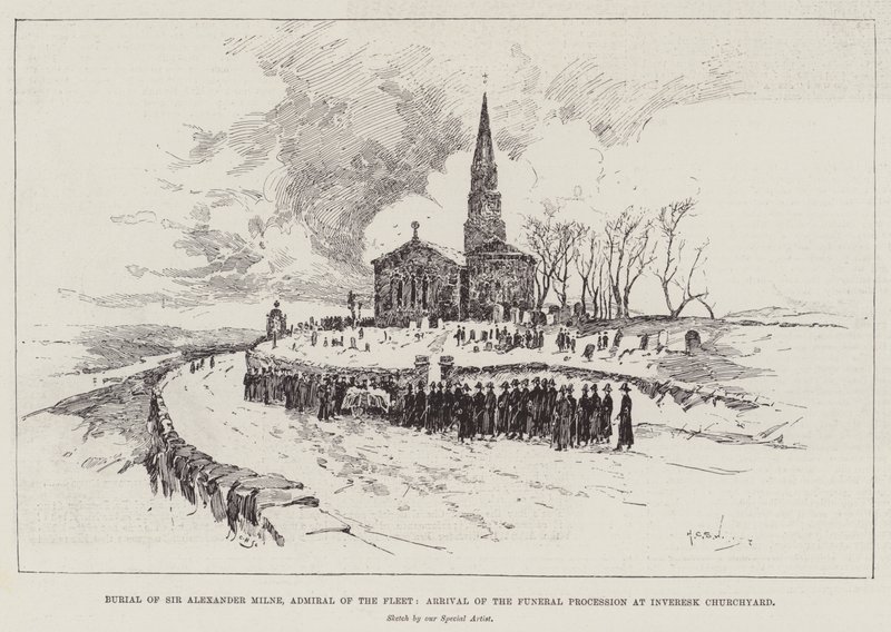 Begravelse av Sir Alexander Milne, Admiral of the Fleet, Ankomst av begravelsesprosesjonen ved Inveresk Churchyard av Henry Charles Seppings Wright