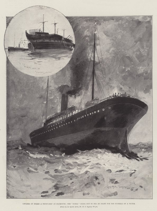 Kolera om bord på et troppeskip i Plymouth, Nubia drar ut til havet om natten for begravelsen til et offer av Henry Charles Seppings Wright