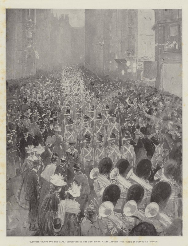Kolonitropper for Kapp, avgang fra New South Wales Lancers, scenen i Fenchurch Street av Henry Charles Seppings Wright