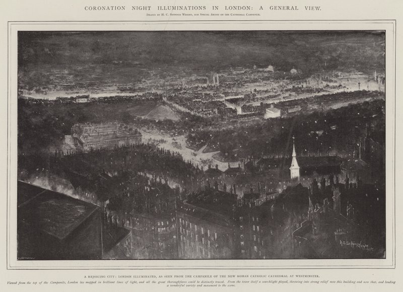 Coronation Night Illuminations in London, a General View, a Joicing City, London Illuminated, sett fra Campanile of the New Roman Catholic Cathedral i Westminster av Henry Charles Seppings Wright