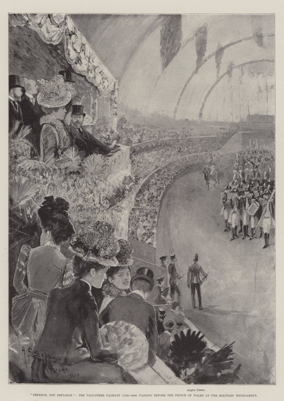 Defence, not Defiance, the Volunteer Pageant (1798-1900) som gikk foran prinsen av Wales ved den militære turneringen av Henry Charles Seppings Wright