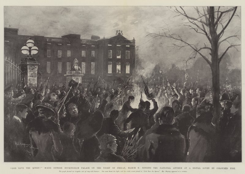 Gud bevare dronningen! Scene utenfor Buckingham Palace natt til fredag 9. mars, synger nasjonalsangen ved et signal gitt av Coloured Fire av Henry Charles Seppings Wright