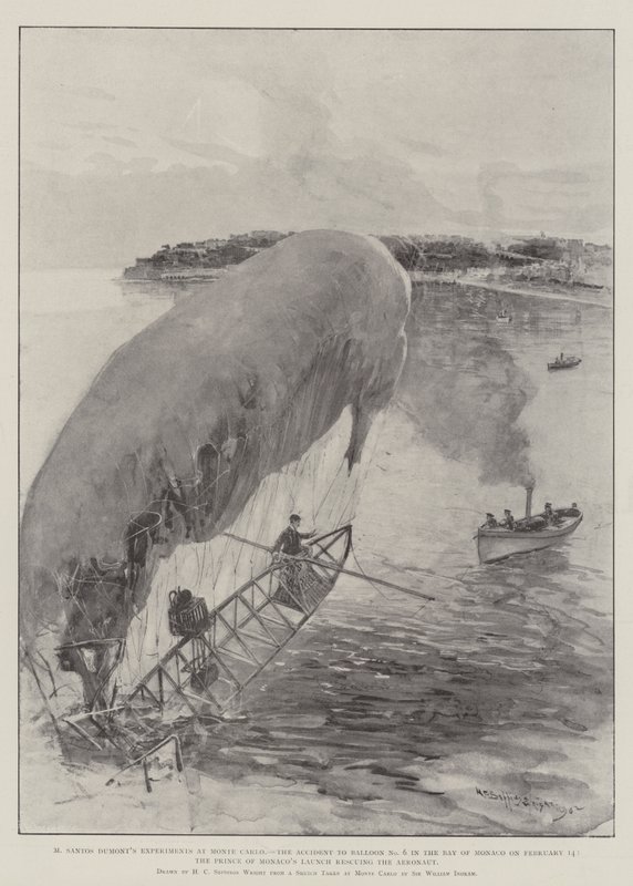 M Santos Dumonts eksperimenter ved Monte Carlo, ulykken med ballong nr. 6 i Monacobukta den 14. februar, prinsen av Monacos oppskyting reddet Aeronauten av Henry Charles Seppings Wright