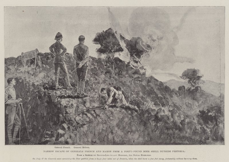 Smal flukt av generalene French og Mahon fra et 40-punds boerskall utenfor Pretoria av Henry Charles Seppings Wright