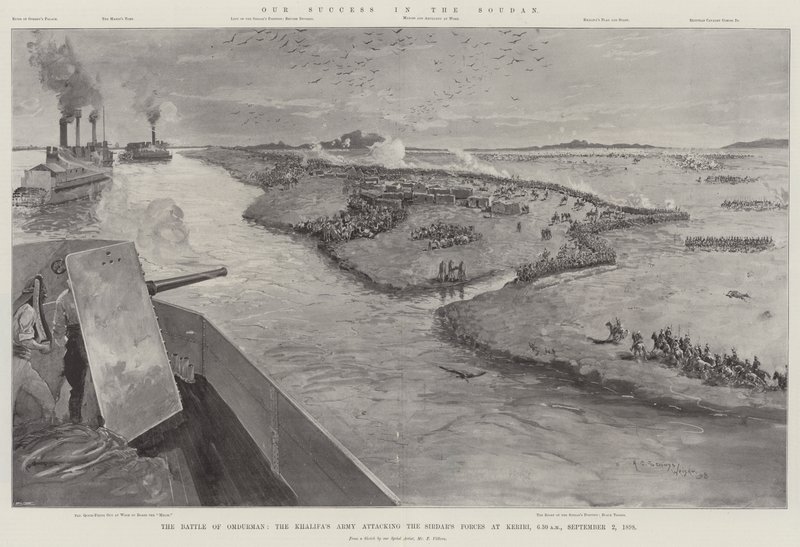 Vår suksess i Soudan, slaget ved Omdurman, Khalifas hær som angriper Sirdars styrker ved Keriri, kl. 06.30, 2. september 1898 av Henry Charles Seppings Wright