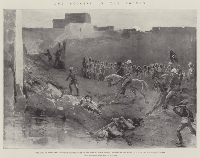 Vår suksess i Soudan, Sirdarens inntog i Omdurman på slagets natt, svarte tropper, dekket av våpenbåter, rydder gatene i Baggara av Henry Charles Seppings Wright