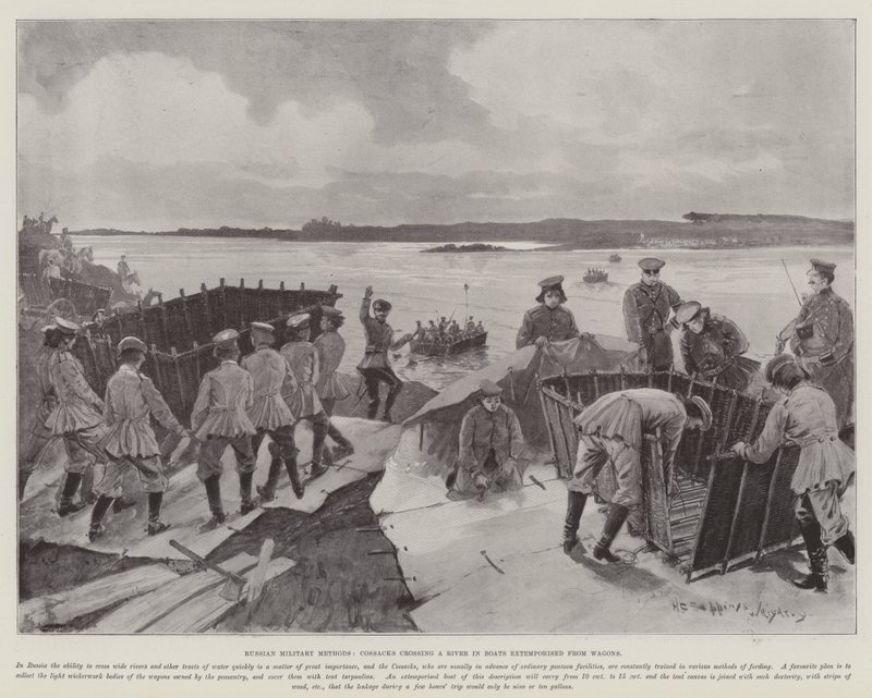 Russiske militære metoder, kosakker som krysser en elv i båter fra vogner av Henry Charles Seppings Wright