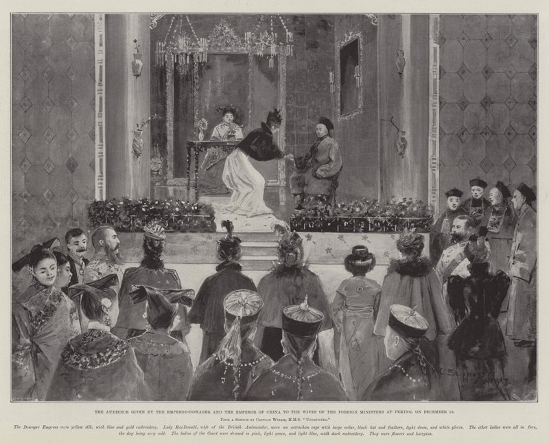 Publikum gitt av enkekeiserinnen og keiseren av Kina til konene til utenriksministrene i Peking, 13. desember av Henry Charles Seppings Wright