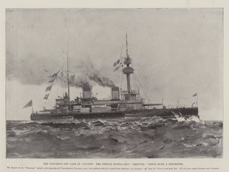 Kollisjonen utenfor Cape St Vincent, det franske slagskipet Brennus, som senket en Destroyer av Henry Charles Seppings Wright
