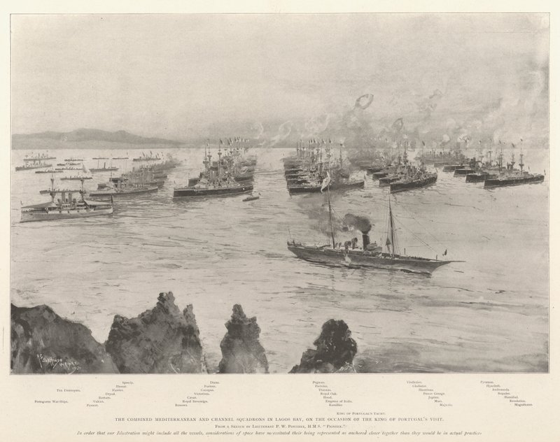 De kombinerte middelhavs- og kanalskvadronene i Lagos Bay, i anledning kongen av Portugals besøk av Henry Charles Seppings Wright