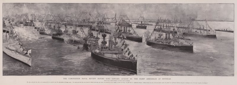 Coronation Naval Review før kong Edward, 16. august, samlet flåten seg ved Spithead av Henry Charles Seppings Wright