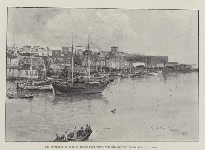 De tyrkiske troppenes avgang fra Kreta, ombordstigningen på kaien ved Candia av Henry Charles Seppings Wright