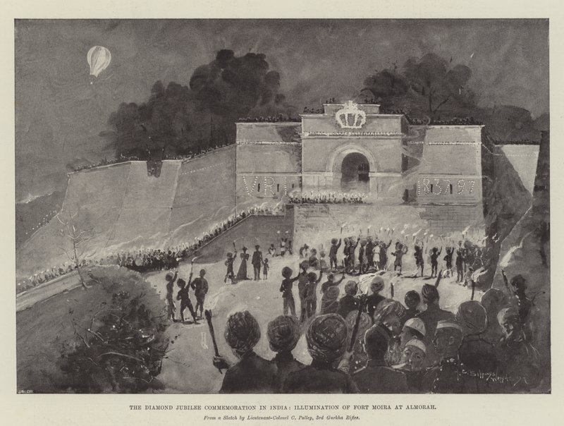 Diamantjubileumsmarkeringen i India, belysning av Fort Moira ved Almorah av Henry Charles Seppings Wright