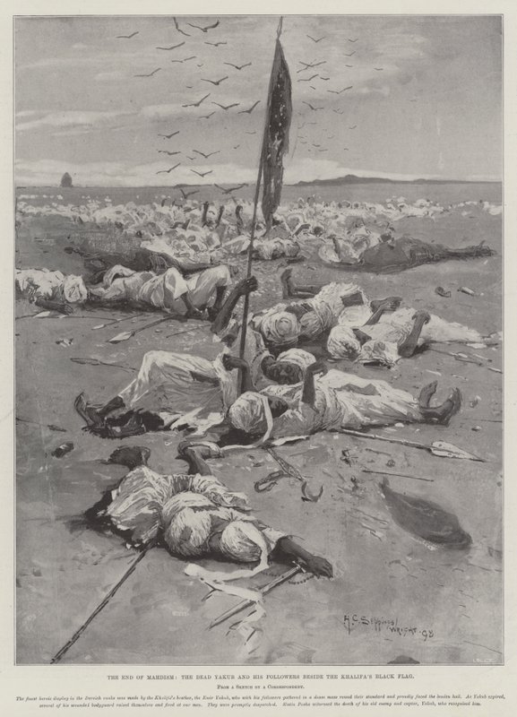 The End of Mahdism, den døde Yakub og hans tilhengere ved siden av Khalifas svarte flagg av Henry Charles Seppings Wright