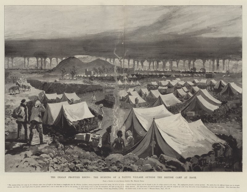 The Indian Frontier Rising, brenningen av en innfødt landsby utenfor den britiske leiren i Bagh av Henry Charles Seppings Wright