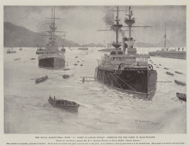 Sjømanøvrene, med en flåte i Lough Swilly, øvelse for flåten i båttrekking av Henry Charles Seppings Wright