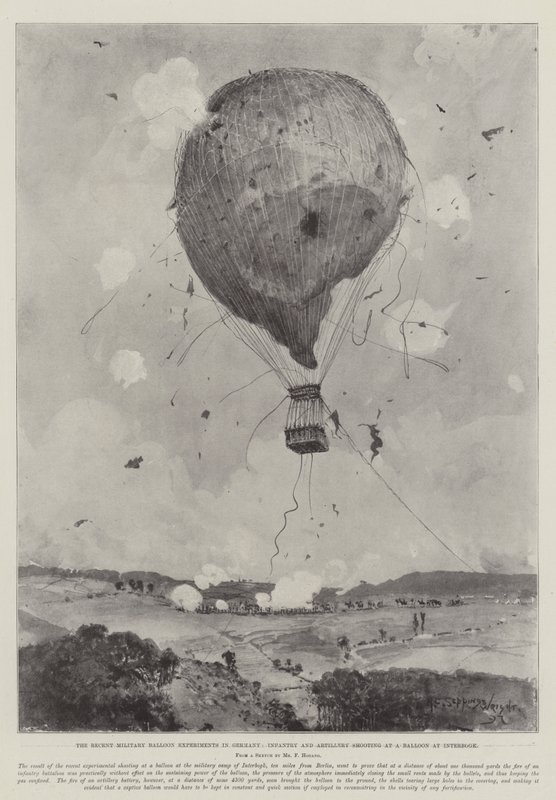 De nylige militære ballongeksperimentene i Tyskland, infanteri- og artilleriskyting mot en ballong ved Interbogk av Henry Charles Seppings Wright