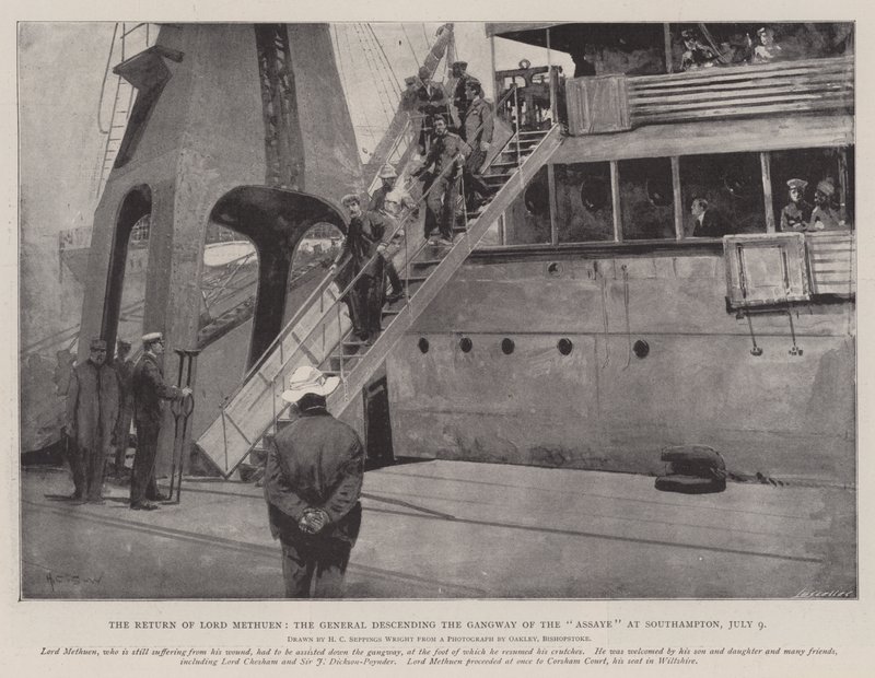 The Return of Lord Methuen, generalen som stiger ned Gangway of the Assaye i Southampton, 9. juli av Henry Charles Seppings Wright
