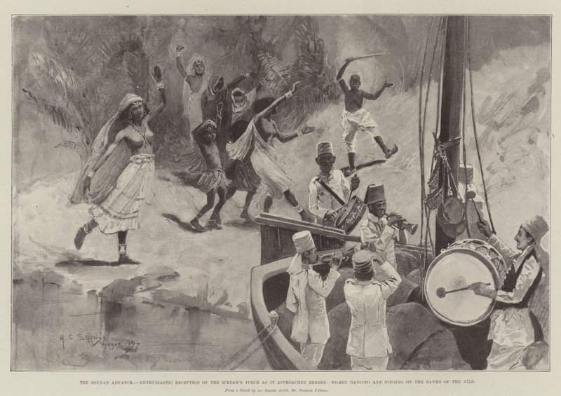 The Soudan Advance, entusiastisk mottakelse av Sirdars styrke da den nærmet seg berber, kvinner danser og synger på bredden av Nilen av Henry Charles Seppings Wright
