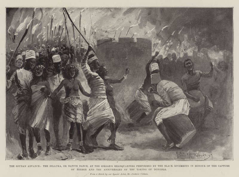 Soudan Advance, Dilluka, eller Native Dance, ved Sirdars hovedkvarter fremført av Black Regiments til ære for fangsten av berber og årsdagen for inntaket av Dongola av Henry Charles Seppings Wright