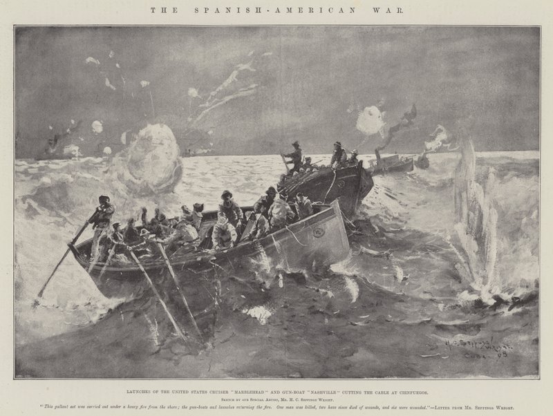 Den spansk-amerikanske krigen, lanseringer av USAs cruiser Marblehead og Gun-Boat Nashville, klipper kabelen ved Cienfuegos av Henry Charles Seppings Wright