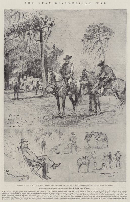 Den spansk-amerikanske krigen, scener i leiren ved Tampa, hvor de amerikanske troppene har samlet seg for fremmarsj på Cuba av Henry Charles Seppings Wright