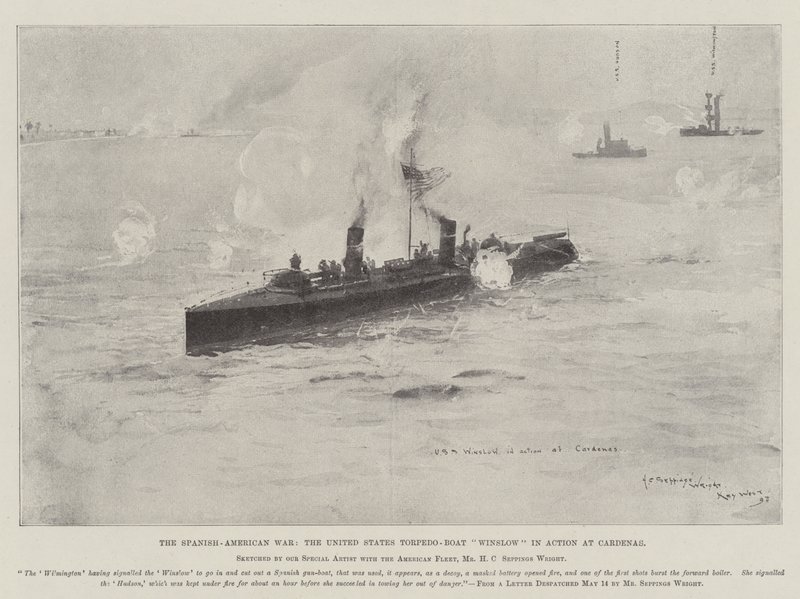 Den spansk-amerikanske krigen, USAs torpedobåt Winslow i aksjon ved Cardenas av Henry Charles Seppings Wright