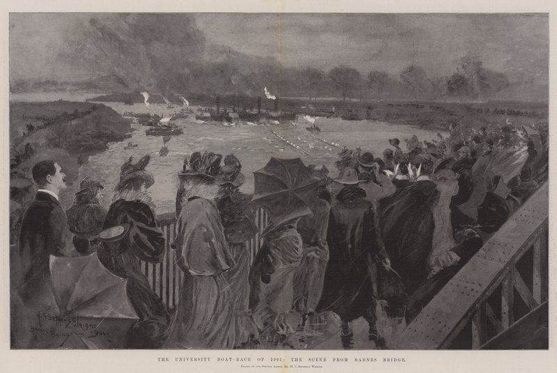 University Boat-Race i 1901, scenen fra Barnes Bridge av Henry Charles Seppings Wright