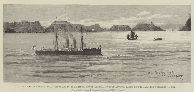 Krigen i Øst-Asia, tilnærming til det kinesiske marinearsenalet ved Port Arthur, tatt av japanerne 21. november 1894 av Henry Charles Seppings Wright
