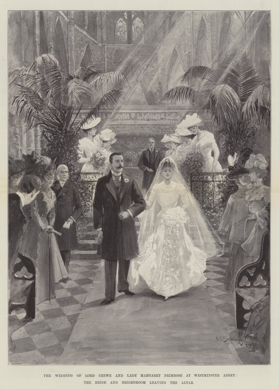 Bryllupet til Lord Crewe og Lady Margaret Primrose i Westminster Abbey, bruden og brudgommen forlater alteret av Henry Charles Seppings Wright