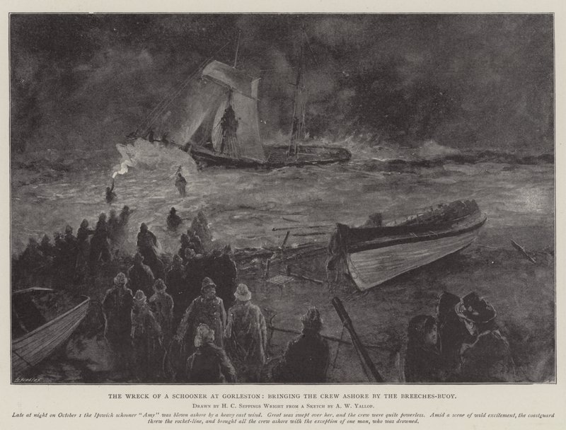The Wreck of a Schooner ved Gorleston, som bringer mannskapet i land ved Breeches-Buoy av Henry Charles Seppings Wright
