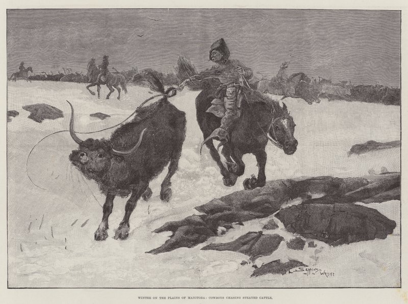 Vinter på Manitoba-slettene, cowboyer som jager forvillet storfe av Henry Charles Seppings Wright