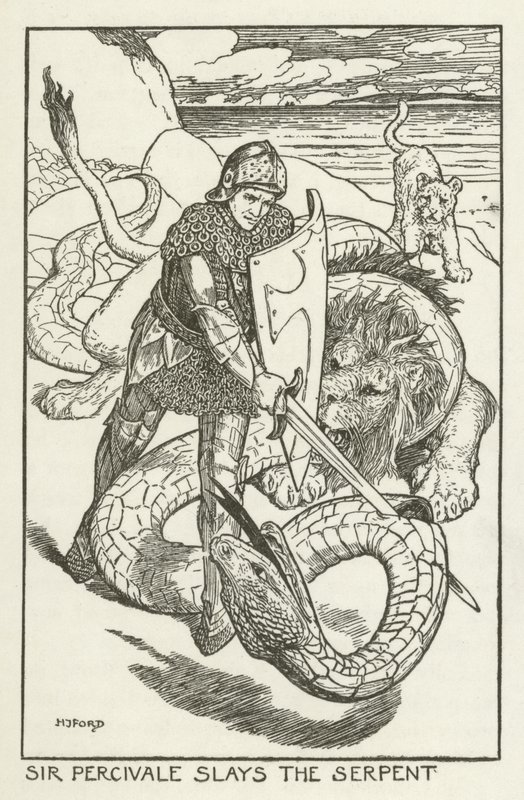 Sir Percivale dreper slangen av Henry Justice Ford
